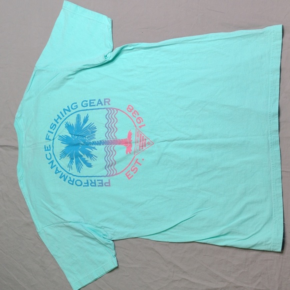 Columbia PFG T-Shirt Men's Large Aqua Cotton Performance Fishing Gear Palm Tree - Picture 1 of 10